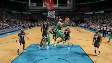 FEBRUARY 9: Jayson Tatum #0 of the Boston Celtics shoots the ball against the OKC Thunder (Photo by Zach Beeker/NBAE via Getty Images)