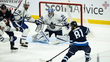 Mar 31, 2021; Winnipeg, Manitoba, CAN; Toronto Maple Leafs goalie Jack Campbell (36) watches Winnipeg Jets forward Kyle Connor (81) during the second period at Bell MTS Place. Mandatory Credit: Terrence Lee-USA TODAY Sports