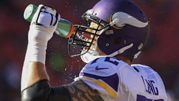 Nov 13, 2016; Landover, MD, USA; Minnesota Vikings offensive tackle Jake Long (72) squirts water in his face during pregame warmups prior to the Vikings game against the Washington Redskins at FedEx Field. Mandatory Credit: Geoff Burke-USA TODAY Sports