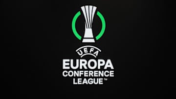 This picture shows the UEFA Conference League logo prior to the draw for the UEFA Conference League football tournament in Istanbul on August 27, 2021. (Photo by OZAN KOSE / AFP) (Photo by OZAN KOSE/AFP via Getty Images)