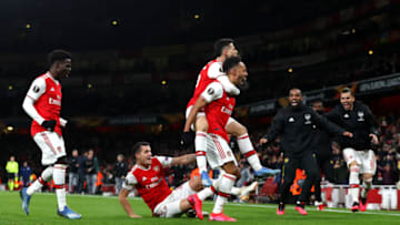 LONDON, ENGLAND - FEBRUARY 27:Pierre-Emerick Aubameyang of Arsenal celebrates scoring his teams first goal during the UEFA Europa League round of 32 second leg match between Arsenal FC and Olympiacos FC at Emirates Stadium on February 27, 2020 in London, United Kingdom. (Photo by Chloe Knott - Danehouse/Getty Images)