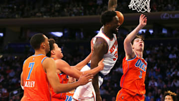 Feb 14, 2022; New York, New York, USA; New York Knicks forward Julius Randle (30) goes up for a shot against the Oklahoma City Thunder during the second half at Madison Square Garden. Mandatory Credit: Andy Marlin-USA TODAY Sports