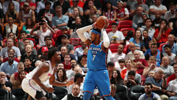 MIAMI, FL - APRIL 9: Carmelo Anthony #7 of the Oklahoma City Thunder passes the ball against the Miami Heat on April 9, 2018 at American Airlines Arena in Miami, Florida. NOTE TO USER: User expressly acknowledges and agrees that, by downloading and or using this Photograph, user is consenting to the terms and conditions of the Getty Images License Agreement. Mandatory Copyright Notice: Copyright 2018 NBAE (Photo by Issac Baldizon/NBAE via Getty Images)