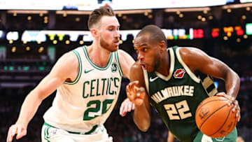 BOSTON, MA - OCTOBER 30: Khris Middleton #22 of the Milwaukee Bucks drives to the basket past Gordon Hayward #20 of the Boston Celtics during a game at TD Garden on October 30, 2019 in Boston, Massachusetts. NOTE TO USER: User expressly acknowledges and agrees that, by downloading and or using this photograph, User is consenting to the terms and conditions of the Getty Images License Agreement. (Photo by Adam Glanzman/Getty Images)