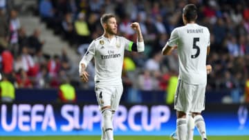 15.08.2018, Estland, Tallinn: Fußball: UEFA Supercup, Real Madrid - Atletico Madrid im Lilleküla Stadion. Real Madrid's Sergio Ramos (L) celebrates his penalty goal, scoring 2-1 next to Raphael Varane. Photo: Marius Becker/dpa (Photo by Marius Becker/picture alliance via Getty Images)