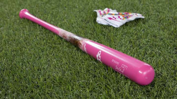 May 8, 2016; Toronto, Ontario, CAN; Los Angeles Dodgers pink bat and gloves rest of the field during batting practice in honor of Mothers Day prior to the game against the Toronto Blue Jays at Rogers Centre. Mandatory Credit: Kevin Sousa-USA TODAY Sports