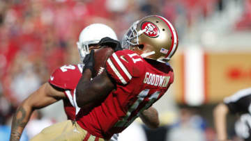 SANTA CLARA, CA - NOVEMBER 5: Marquise Goodwin #11 of the San Francisco 49ers catches the ball for a 52-yard gain during the game against the Arizona Cardinals at Levi's Stadium on November 5, 2017 in Santa Clara, California. The Cardinals defeated the 49ers 20-10. (Photo by Michael Zagaris/San Francisco 49ers/Getty Images)