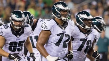 Aug 11, 2016; Philadelphia, PA, USA; Philadelphia Eagles offensive tackle Halapoulivaati Vaitai (72) and offensive guard Darrell Greene (78) and tight end Chris Pantale (85) break huddle against the Tampa Bay Buccaneers at Lincoln Financial Field. The Philadelphia Eagles won 17-9. Mandatory Credit: Bill Streicher-USA TODAY Sports
