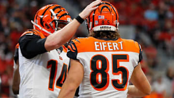 ATLANTA, GA - SEPTEMBER 30: Tyler Eifert #85 of the Cincinnati Bengals celebrates a touchdown with Andy Dalton #14 during the first quarter against the Atlanta Falcons at Mercedes-Benz Stadium on September 30, 2018 in Atlanta, Georgia. (Photo by Kevin C. Cox/Getty Images)