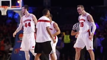 Nov 27, 2014; Paradise Island, BAHAMAS; Wisconsin Badgers forward Sam Dekker (15) reacts after the win against the Georgetown Hoyas at Atlantis Resort. Mandatory Credit: Kevin Jairaj-USA TODAY Sports