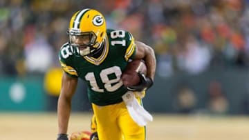 Jan 5, 2014; Green Bay, WI, USA; Green Bay Packers wide receiver Randall Cobb (18) during the 2013 NFC wild card playoff football game against the San Francisco 49ers at Lambeau Field. San Francisco won 23-20. Mandatory Credit: Jeff Hanisch-USA TODAY Sports