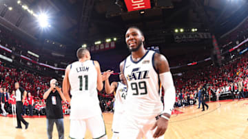 HOUSTON, TX - MAY 2: Jae Crowder #99 of the Utah Jazz reacts after the game against the Houston Rockets in Game Two of Round Two of the 2018 NBA Playoffs on May 2, 2018 at Toyota Center in Houston, TX. NOTE TO USER: User expressly acknowledges and agrees that, by downloading and or using this Photograph, user is consenting to the terms and conditions of the Getty Images License Agreement. Mandatory Copyright Notice: Copyright 2018 NBAE (Photo by Andrew D. Bernstein/NBAE via Getty Images)