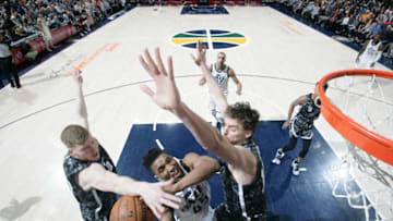 SALT LAKE CITY, UT - FEBRUARY 12: Donovan Mitchell #45 of the Utah Jazz goes to the basket against the San Antonio Spurs on February 12, 2018 at vivint.SmartHome Arena in Salt Lake City, Utah.