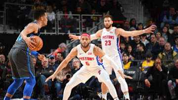 DETROIT, MI - JANUARY 31: Bruce Brown #6 of the Detroit Pistons plays defense against during the game against Jalen Brunson #13 of the Dallas Mavericks on January 31, 2019 at Little Caesars Arena in Detroit, Michigan. NOTE TO USER: User expressly acknowledges and agrees that, by downloading and/or using this photograph, User is consenting to the terms and conditions of the Getty Images License Agreement. Mandatory Copyright Notice: Copyright 2019 NBAE (Photo by Chris Schwegler/NBAE via Getty Images)