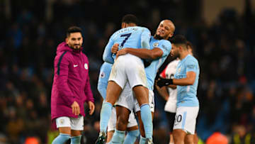 MANCHESTER, ENGLAND - NOVEMBER 29: Raheem Sterling of Manchester City celebrates victory with Vincent Kompany of Manchester City after the Premier League match between Manchester City and Southampton at Etihad Stadium on November 29, 2017 in Manchester, England. (Photo by Dan Mullan/Getty Images)