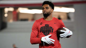 Mar 23, 2022; Columbus, Ohio, USA; Ohio State Buckeyes wide receiver Chris Olave runs a drill during the football pro day at the Woody Hayes Athletic Center in Columbus, Ohio. Mandatory Credit: Adam Cairns-USA TODAY Sports