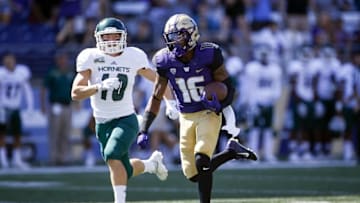 Sep 12, 2015; Seattle, WA, USA; Washington Huskies wide receiver Marvin Hall (16) races down field ahead of Sacramento State Hornets defensive back Austin Clark (10) for a 78-yard touchdown during the third quarter at Husky Stadium. Mandatory Credit: Jennifer Buchanan-USA TODAY Sports