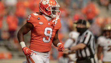 Oct 31, 2020; Clemson, SC, USA; Clemson running back Travis Etienne (9) runs back to the sidelines after scoring during the first quarter of the game against Boston College at Memorial Stadium. Mandatory Credit: Josh Morgan-USA TODAY Sports