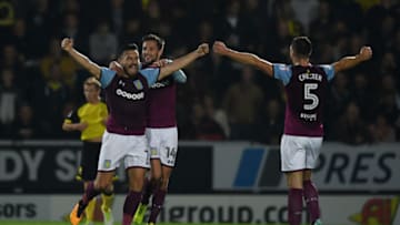 BURTON-UPON-TRENT, ENGLAND - SEPTEMBER 26: Robert Snodgrass of Aston Villa celebrates scoring his team's 3rd goal during the Sky Bet Championship match between Burton Albion and Aston Villa at Pirelli Stadium on September 26, 2017 in Burton-upon-Trent, England. (Photo by Gareth Copley/Getty Images)
