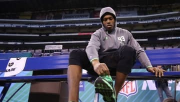 Feb 29, 2016; Indianapolis, IN, USA; Florida State Seminoles defensive back Jalen Ramsey changes his shoes during the 2016 NFL Scouting Combine at Lucas Oil Stadium. Mandatory Credit: Brian Spurlock-USA TODAY Sports