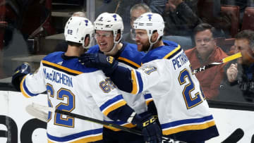ANAHEIM, CA - JANUARY 23: Sammy Blais #9, Alex Pietrangelo #27, and Mackenzie MacEachern #62 of the St. Louis Blues celebrate a goal in the third period of the game against the Anaheim Ducks on January 23, 2019 at Honda Center in Anaheim, California. (Photo by Debora Robinson/NHLI via Getty Images)