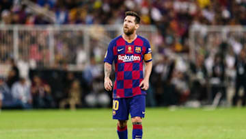 JEDDAH, SAUDI ARABIA - JANUARY 09: Lionel Messi of FC Barcelona walks in the field during the Supercopa de Espana Semi-Final match between FC Barcelona and Club Atletico de Madrid at King Abdullah Sports City on January 9, 2020 in Jeddah, Saudi Arabia. (Photo by Ricardo Nogueira/Eurasia Sport Images/Getty Images)