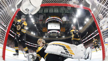 BOSTON, MASSACHUSETTS - JUNE 12: Tuukka Rask #40 of the Boston Bruins stops a shot against the St. Louis Blues during the second period in Game Seven of the 2019 NHL Stanley Cup Final at TD Garden on June 12, 2019 in Boston, Massachusetts. (Photo by Bruce Bennett/Getty Images)