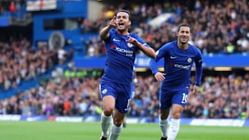 LONDON, ENGLAND - OCTOBER 21: Pedro of Chelsea celebrates as he scores their first goal during the Premier League match between Chelsea and Watford at Stamford Bridge on October 21, 2017 in London, England. (Photo by Richard Heathcote/Getty Images)