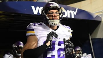 Oct 31, 2016; Chicago, IL, USA; Minnesota Vikings free safety Harrison Smith (22) takes the field before a game against the Chicago Bears at Soldier Field. Mandatory Credit: Mike DiNovo-USA TODAY Sports