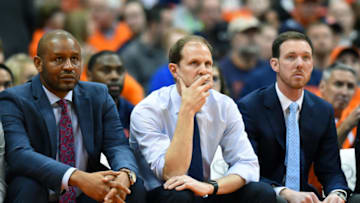 SYRACUSE, NY - DECEMBER 27: Acting head coach Mike Hopkins (C) of the Syracuse Orange reacts while sitting on the bench against the Texas Southern Tigers during the second half at the Carrier Dome on December 27, 2015 in Syracuse, New York. Syracuse defeated Texas Southern 80-67.(Photo by Rich Barnes/Getty Images)