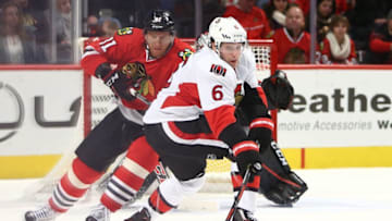Jan 3, 2016; Chicago, IL, USA; Chicago Blackhawks right wing Marian Hossa (81) is called for hooking against Ottawa Senators right wing Bobby Ryan (6) during the second period at the United Center. Mandatory Credit: Jerry Lai-USA TODAY Sports
