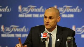 Jun 5, 2014; San Antonio, TX, USA; Dallas Mavericks head coach Rick Carlisle (left) answers questions during a press conference to present Cleveland Cavaliers assistant coach Bernie Bickerstaff with the 2014 winner of the Chuck Daly lifetime achievement award prior to the game with the San Antonio Spurs playing against the Miami Heat in game one of the 2014 NBA Finals at AT&T Center. Mandatory Credit: Brendan Maloney-USA TODAY Sports