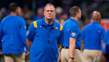 Dec 30, 2021; Atlanta, GA, USA; Pittsburgh Panthers head coach Pat Narduzzi on the field prior to the game against the Michigan State Spartans during the 2021 Peach Bowl at Mercedes-Benz Stadium. Mandatory Credit: Dale Zanine-USA TODAY Sports