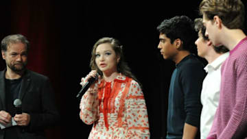 LOS ANGELES, CA - MARCH 28: (L-R) Andre Ovredal, Zoe Colletti, Michael Garza, Austin Zajour and Austin Abrams attend ""Scary Stories To Tell In The Dark"" trailer launch and footage presentation on March 28, 2019 in Los Angeles, California. (Photo by Joshua Blanchard/Getty Images for CBS Films )