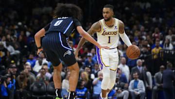 ORLANDO, FLORIDA - NOVEMBER 04: D'Angelo Russell #1 of the Los Angeles Lakers dribbles the ball up the court against the Orlando Magic during the first half at Amway Center on November 04, 2023 in Orlando, Florida. NOTE TO USER: User expressly acknowledges and agrees that, by downloading and or using this photograph, User is consenting to the terms and conditions of the Getty Images License Agreement. (Photo by Rich Storry/Getty Images)