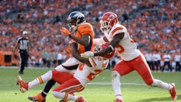 Sep 14, 2014; Denver, CO, USA; Kansas City Chiefs cornerback Chris Owens (20) and strong safety Eric Berry (29) stop Denver Broncos wide receiver Emmanuel Sanders (10) near the goal line in the third quarter at Sports Authority Field at Mile High. The Broncos defeated the Chiefs 24-17. Mandatory Credit: Ron Chenoy-USA TODAY Sports