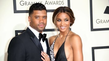 Feb 15, 2016; Los Angeles, CA, USA; Russell Wilson (left) and Ciara arrive on the red carpet during the 58th Grammy Awards at the Staples Center. Mandatory Credit: Dan MacMedan-USA TODAY NETWORK