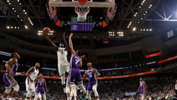 MILWAUKEE, WI - November 4: Thon Maker #7 of the Milwaukee Bucks shoots the ball against the Sacramento Kings on November 4, 2018 at Fiserv Forum in Milwaukee, Wisconsin. NOTE TO USER: User expressly acknowledges and agrees that, by downloading and/or using this Photograph, user is consenting to the terms and conditions of the Getty Images License Agreement. Mandatory Copyright Notice: Copyright 2018 NBAE (Photo by Gary Dineen/NBAE via Getty Images)
