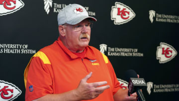 KANSAS CITY, MISSOURI - JUNE 15: Head coach Andy Reid of the Kansas City Chiefs speaks to the press during Chiefs Mini Camp on June 15, 2023 at Arrowhead Stadium in Kansas City, Missouri. (Photo by Kyle Rivas/Getty Images)