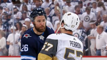 WINNIPEG, MB - MAY 20: Blake Wheeler #26 of the Winnipeg Jets shakes hands with David Perron #57 of the Vegas Golden Knights following a 2-1 Knights victory in Game Five of the Western Conference Final during the 2018 NHL Stanley Cup Playoffs at the Bell MTS Place on May 20, 2018 in Winnipeg, Manitoba, Canada. The Knights win the series 4-1. (Photo by Jonathan Kozub/NHLI via Getty Images)