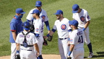 CHICAGO, ILLINOIS - AUGUST 19: Manager David Ross #3 of the Chicago Cubs removes Duane Underwood Jr. #51 during the sixth inning of Game One of a doubleheader against the St. Louis Cardinals at Wrigley Field on August 19, 2020 in Chicago, Illinois. (Photo by Nuccio DiNuzzo/Getty Images)