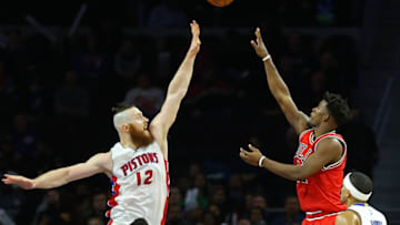 Dec 6, 2016; Auburn Hills, MI, USA; Detroit Pistons center Aron Baynes (12) defends against Chicago Bulls forward Jimmy Butler (21) in the second half at The Palace of Auburn Hills. The Pistons won 102-91.Mandatory Credit: Aaron Doster-USA TODAY Sports