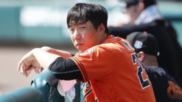 Mar 1, 2016; Lake Buena Vista, FL, USA; Baltimore Orioles outfielder Hyun Soo Kim (25) in the dugout during the fourth inning of a spring training baseball game against the Atlanta Braves at Champion Stadium. Mandatory Credit: Reinhold Matay-USA TODAY Sports