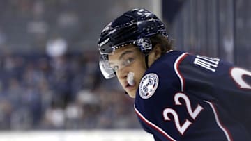 Sep 21, 2015; Columbus, OH, USA; Columbus Blue Jackets left wing Sonny Milano (22) awaits the face-off in the third period against the Pittsburgh Penguins at Nationwide Arena. Mandatory Credit: Aaron Doster-USA TODAY Sports