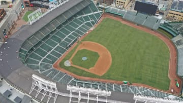 CHICAGO, ILLINOIS - MARCH 26: An aerial from a drone shows Wrigley Field, home of the Chicago Cubs, which, like all Major League Baseball (MLB) parks sits nearly empty on what was to be opening day for MLB on March 26, 2020 in Chicago, Illinois. Major League Baseball has postponed the start of its season indefinitely due to the coronavirus (COVID-19) outbreak. (Photo by Scott Olson/Getty Images)