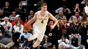 COLLEGE PARK, MD - JANUARY 07: Kevin Huerter #4 of the Maryland Terrapins dribbles the ball up court during a college basketball game against the Iowa Hawkeyes at the XFinity Center on January 7, 2018 in College Park, Maryland. The Terrapins won 91-73. (Photo by Mitchell Layton/Getty Images)