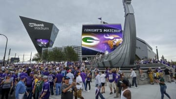 Sep 18, 2016; Minneapolis, MN, USA; Fans walk around U.S. Bank Stadium before its inaugural game between the Green Bay Packers and the Minnesota Vikings. Mandatory Credit: Bruce Kluckhohn-USA TODAY Sports