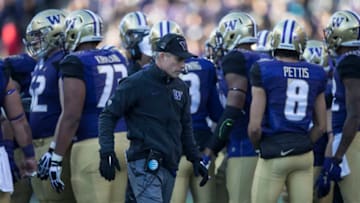 SEATTLE, WA - NOVEMBER 27: Washington Huskies head coach Chris Petersen walks off the field during a football game against the Washington State Cougars at Husky Stadium on November 27, 2015 in Seattle, Washington. The Huskies won the game 45-10. (Photo by Stephen Brashear/Getty Images)