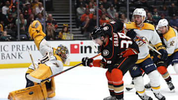 Juuse Saros #74 of the Nashville Predators is unable to stop a shot for a goal by Derek Grant #38 of the Anaheim Ducks during the third period of a game at Honda Center on March 21, 2022 in Anaheim, California. (Photo by Sean M. Haffey/Getty Images)