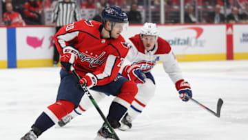 WASHINGTON, DC - NOVEMBER 15: Lars Eller #20 of the Washington Capitals skates with the puck against the Montreal Canadiens during the third period at Capital One Arena on November 15, 2019 in Washington, DC. (Photo by Patrick Smith/Getty Images)